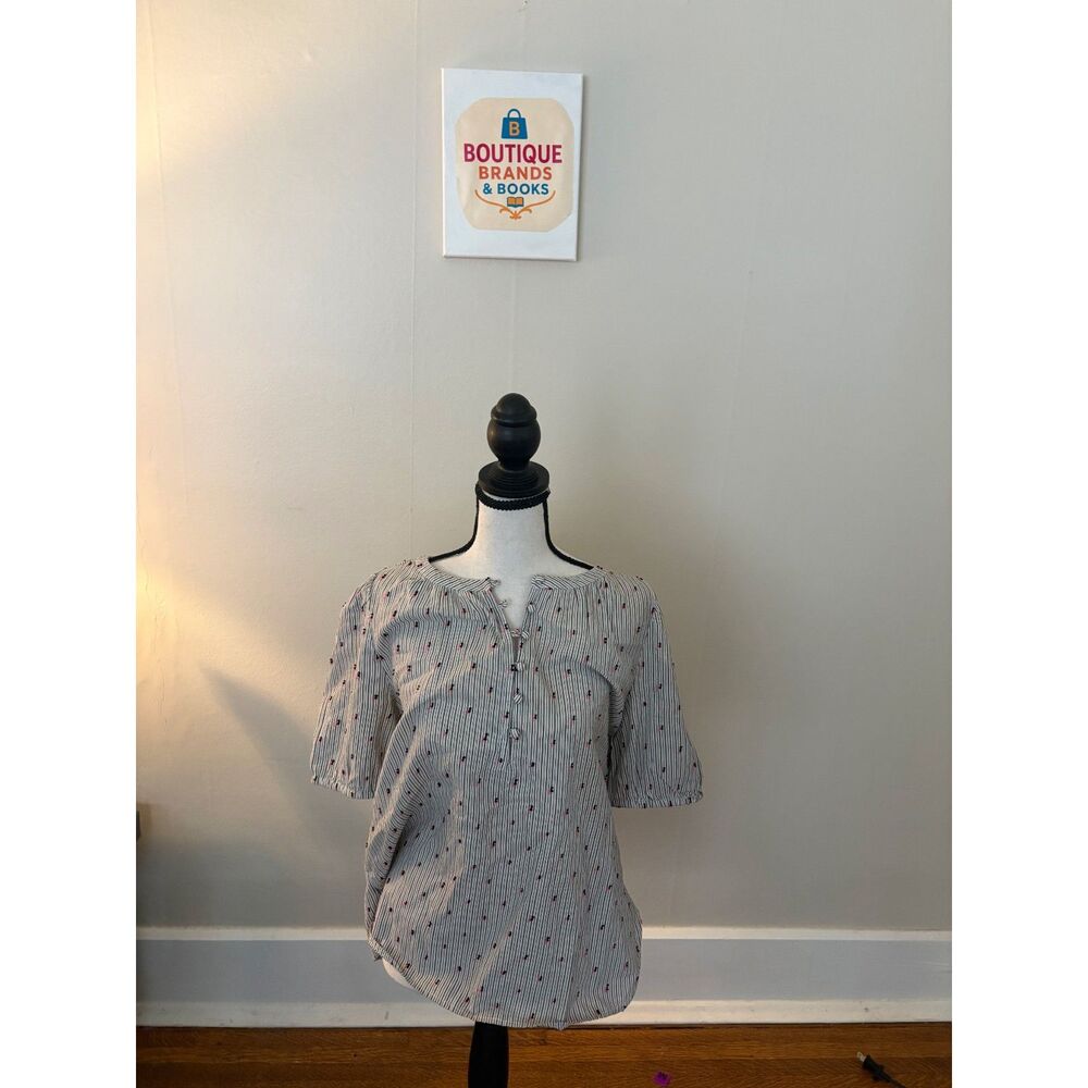 LOFT Women’s Black & White Pinstripe Embroidered Button Front Blouse Size Small